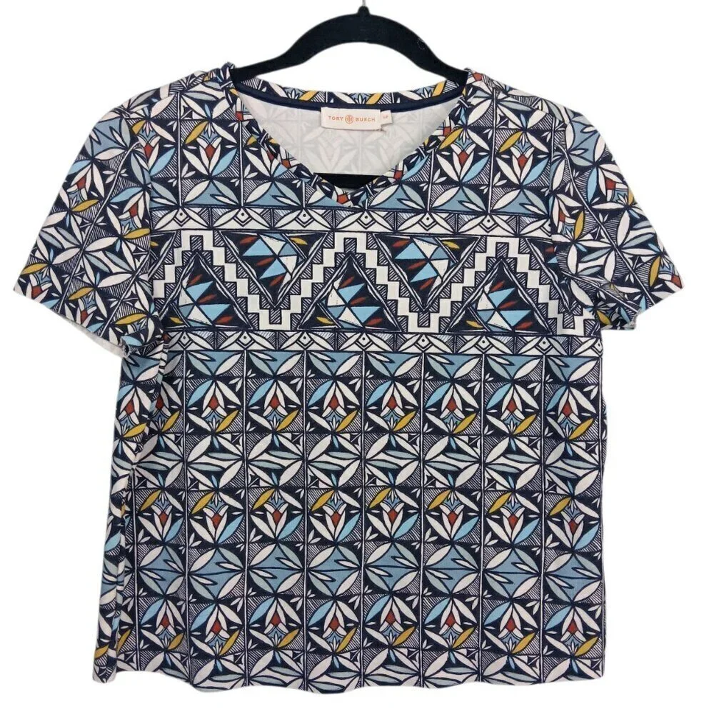 TORY BURCH  Multicolor Geometric Print Ponte Cropped Shirt Small  Short Sleeve